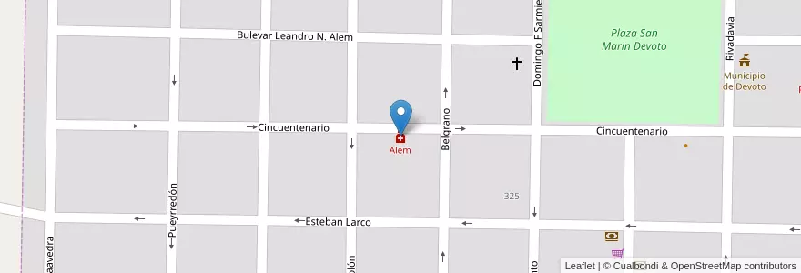 Mapa de ubicacion de Alem en Arjantin, Córdoba, Departamento San Justo, Pedanía Juárez Celman, Municipio De Devoto, Devoto.