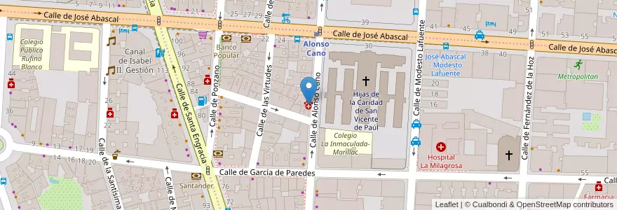 Mapa de ubicacion de Alonso Cano en اسپانیا, بخش خودمختار مادرید, بخش خودمختار مادرید, Área Metropolitana De Madrid Y Corredor Del Henares, مادرید.