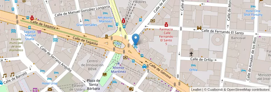 Mapa de ubicacion de Alonso Martínez en 스페인, Comunidad De Madrid, Comunidad De Madrid, Área Metropolitana De Madrid Y Corredor Del Henares, 마드리드.