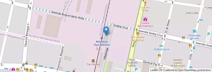 Mapa de ubicacion de Antigua estacion de tren (Ruinas) en アルゼンチン, チリ, メンドーサ州, Departamento Capital, Ciudad De Mendoza.