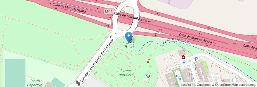 Mapa de ubicacion de Aparcabicis Área descanso Anillo Verde Km 3,570 en スペイン, マドリード州, Comunidad De Madrid, Área Metropolitana De Madrid Y Corredor Del Henares, Madrid.