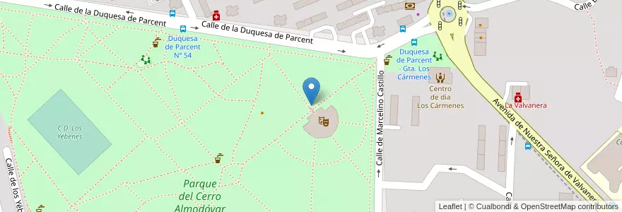 Mapa de ubicacion de Aparcabicis Auditorio Parque Cerro Almodóvar en اسپانیا, بخش خودمختار مادرید, بخش خودمختار مادرید, Área Metropolitana De Madrid Y Corredor Del Henares, مادرید.