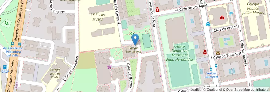 Mapa de ubicacion de Aparcabicis Colegio San Vicente en スペイン, マドリード州, Comunidad De Madrid, Área Metropolitana De Madrid Y Corredor Del Henares, Madrid.