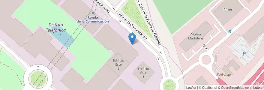 Mapa de ubicacion de Aparcabicis Complejo Empresarial Ciudad de Telefónica en Sepanyol, Comunidad De Madrid, Comunidad De Madrid, Área Metropolitana De Madrid Y Corredor Del Henares, Madrid.