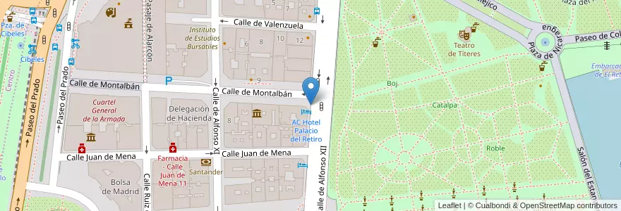 Mapa de ubicacion de Aparcabicis Hotel AC Palacio del Retiro en Sepanyol, Comunidad De Madrid, Comunidad De Madrid, Área Metropolitana De Madrid Y Corredor Del Henares, Madrid.