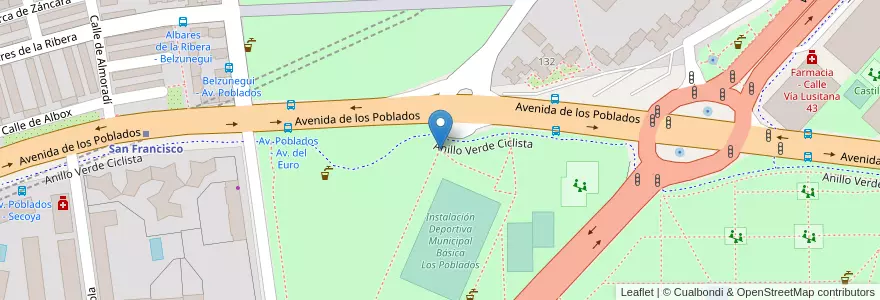 Mapa de ubicacion de Aparcabicis Instalaciones Deportivas en Avenida de los Poblados en Espanha, Comunidade De Madrid, Comunidade De Madrid, Área Metropolitana De Madrid Y Corredor Del Henares, Madrid.