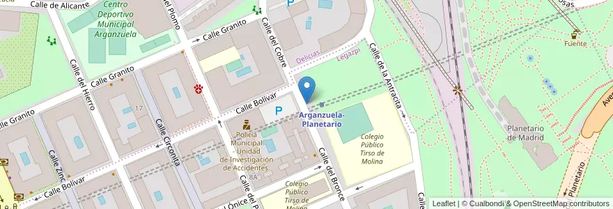 Mapa de ubicacion de Aparcabicis Metro Arganzuela Planetario en اسپانیا, بخش خودمختار مادرید, بخش خودمختار مادرید, Área Metropolitana De Madrid Y Corredor Del Henares, مادرید.