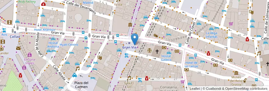 Mapa de ubicacion de Aparcabicis Metro Gran Vía en إسبانيا, منطقة مدريد, منطقة مدريد, Área Metropolitana De Madrid Y Corredor Del Henares, مدريد.