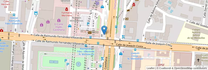 Mapa de ubicacion de Aparcabicis Metro Nuevos Ministerios en スペイン, マドリード州, Comunidad De Madrid, Área Metropolitana De Madrid Y Corredor Del Henares, Madrid.