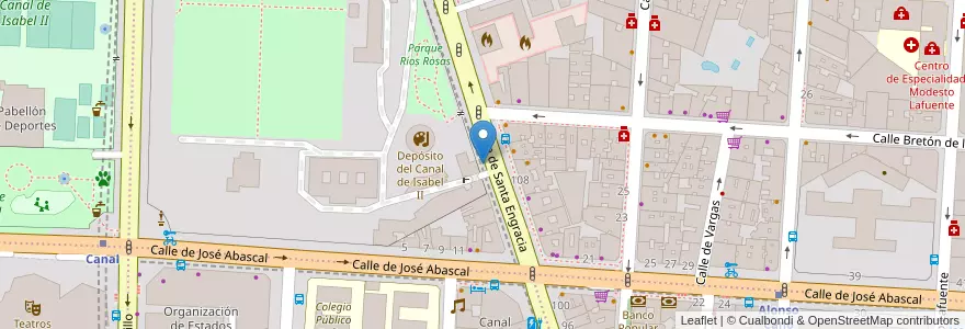 Mapa de ubicacion de Aparcabicis Oficinas Centrales del Canal Isabel II en スペイン, マドリード州, Comunidad De Madrid, Área Metropolitana De Madrid Y Corredor Del Henares, Madrid.
