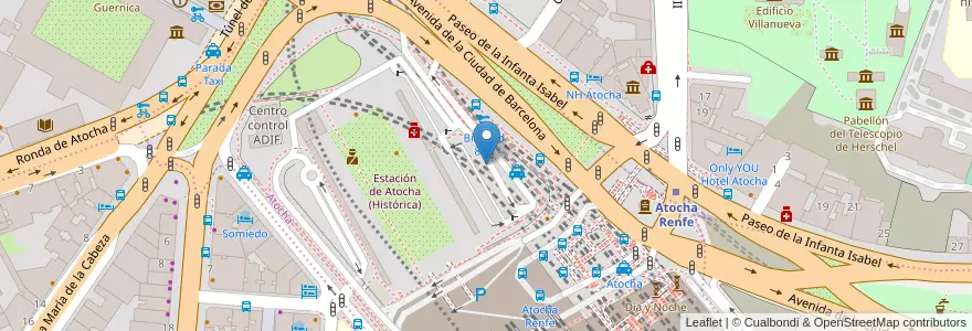 Mapa de ubicacion de Aparcabicis Plaza del Embarcadero de Atocha en Espanha, Comunidade De Madrid, Comunidade De Madrid, Área Metropolitana De Madrid Y Corredor Del Henares, Madrid.
