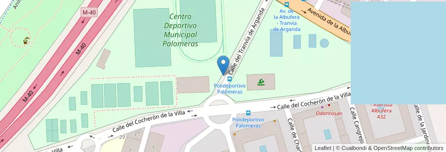 Mapa de ubicacion de Aparcabicis Polideportivo Palomeras en اسپانیا, بخش خودمختار مادرید, بخش خودمختار مادرید, Área Metropolitana De Madrid Y Corredor Del Henares, مادرید.