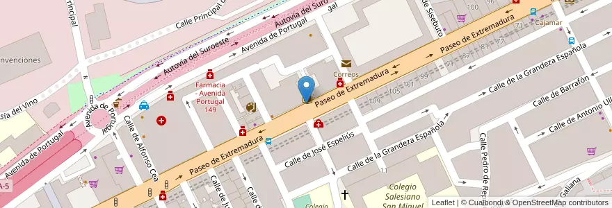 Mapa de ubicacion de Aparcabicis Sala de lectura Paseo de Extremadura en Espanha, Comunidade De Madrid, Comunidade De Madrid, Área Metropolitana De Madrid Y Corredor Del Henares, Madrid.