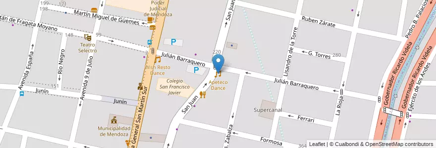 Mapa de ubicacion de Apeteco Dance en 阿根廷, 智利, Mendoza, Departamento Capital, Sección 2ª Barrio Cívico, Ciudad De Mendoza.