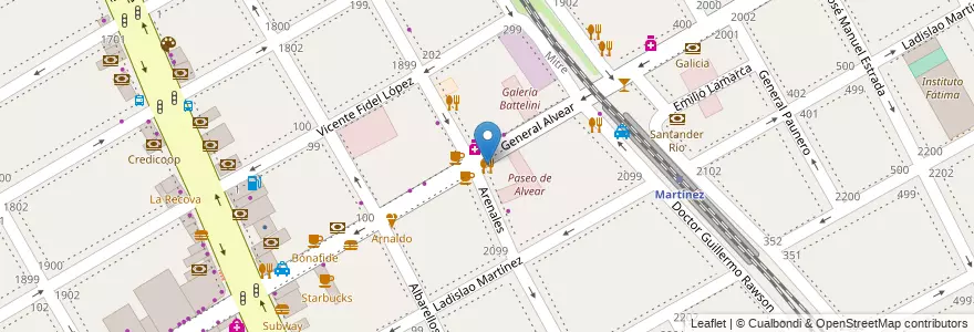 Mapa de ubicacion de Arenales Resto & Cafe en アルゼンチン, ブエノスアイレス州, Partido De San Isidro, Martínez.