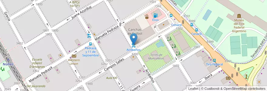 Mapa de ubicacion de Arribeños en 아르헨티나, Ciudad Autónoma De Buenos Aires, 부에노스아이레스, Comuna 13.