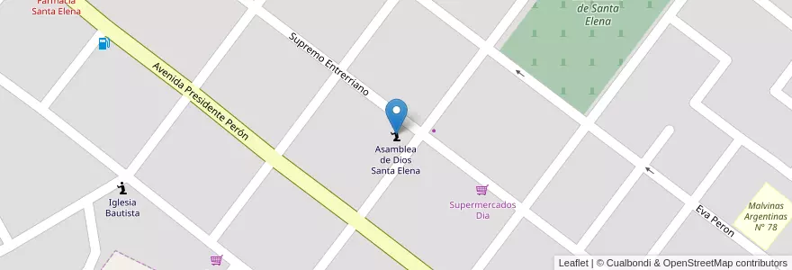 Mapa de ubicacion de Asamblea de Dios Santa Elena en アルゼンチン, エントレ・リオス州, Departamento La Paz, Distrito Feliciano, Santa Elena, Santa Elena.