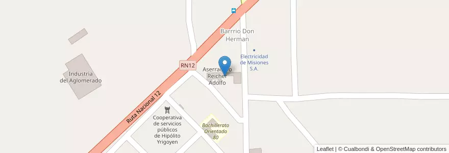 Mapa de ubicacion de Aserradero Reicher Adolfo en Arjantin, Misiones, Departamento San Ignacio, Municipio De Hipólito Yrigoyen.