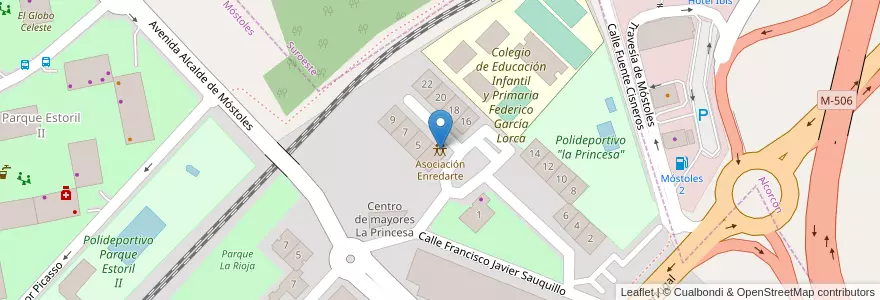 Mapa de ubicacion de Asociación Enredarte en إسبانيا, منطقة مدريد, منطقة مدريد, Área Metropolitana De Madrid Y Corredor Del Henares, موستولس.