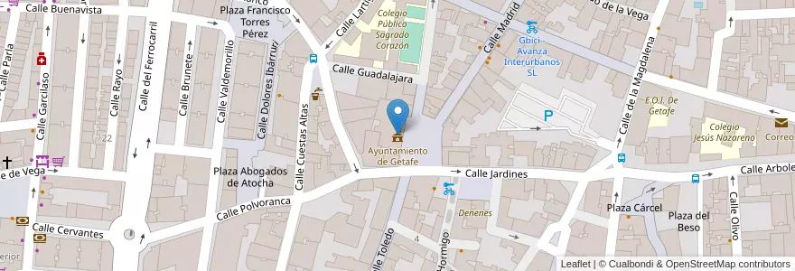 Mapa de ubicacion de Ayuntamiento de Getafe en اسپانیا, بخش خودمختار مادرید, بخش خودمختار مادرید, Área Metropolitana De Madrid Y Corredor Del Henares, Getafe.