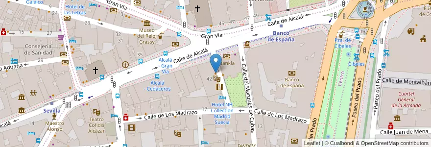Mapa de ubicacion de Azotea de Círculo de Bellas Artes en اسپانیا, بخش خودمختار مادرید, بخش خودمختار مادرید, Área Metropolitana De Madrid Y Corredor Del Henares, مادرید.