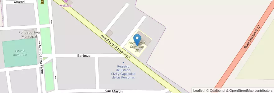 Mapa de ubicacion de Bachillerato Orientado 28 en アルゼンチン, ミシオネス州, Departamento Eldorado, Municipio De Colonia Delicia.