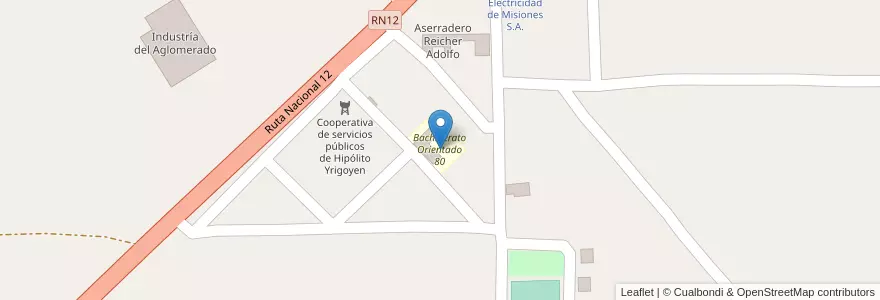 Mapa de ubicacion de Bachillerato Orientado 80 en Arjantin, Misiones, Departamento San Ignacio, Municipio De Hipólito Yrigoyen.