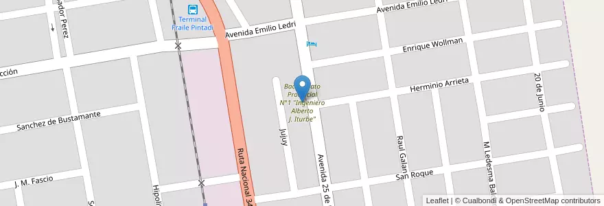 Mapa de ubicacion de Bachillerato Provincial N°1 "Ingeniero Alberto J. Iturbe" en Argentine, Jujuy, Departamento Ledesma, Municipio De Fraile Pintado, Fraile Pintado.