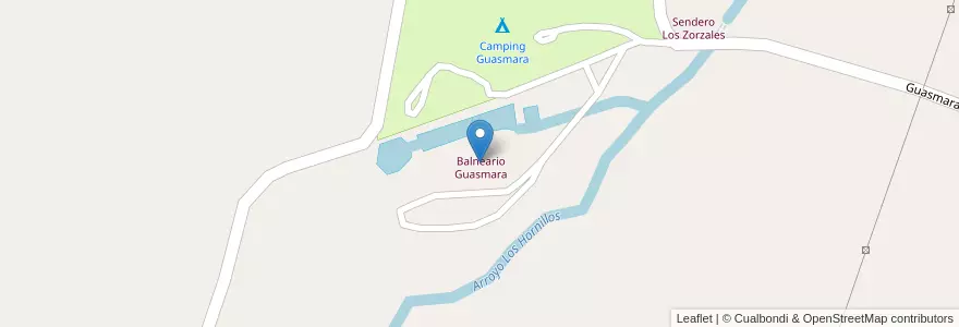 Mapa de ubicacion de Balneario Guasmara en アルゼンチン, コルドバ州, Departamento San Javier, Municipio De Villa De Las Rosas, Pedanía Rosas.