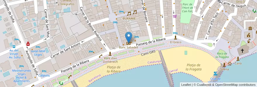 Mapa de ubicacion de Banc Sabadell en 스페인, Catalunya, Barcelona, Garraf, Sitges.