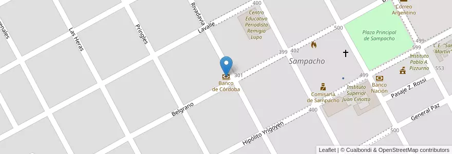 Mapa de ubicacion de Banco de Córdoba en Argentinien, Provinz Córdoba, Departamento Río Cuarto, Pedanía Achiras, Municipio De Sampacho, Sampacho.