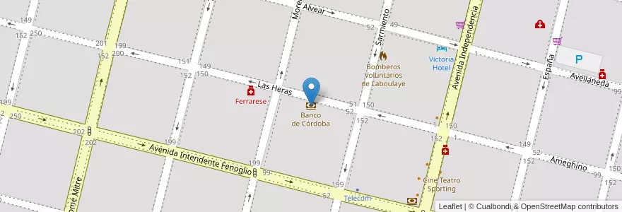 Mapa de ubicacion de Banco de Córdoba en 阿根廷, Córdoba, Departamento Presidente Roque Sáenz Peña, Pedanía La Amarga, Municipio De Laboulaye, Laboulaye.