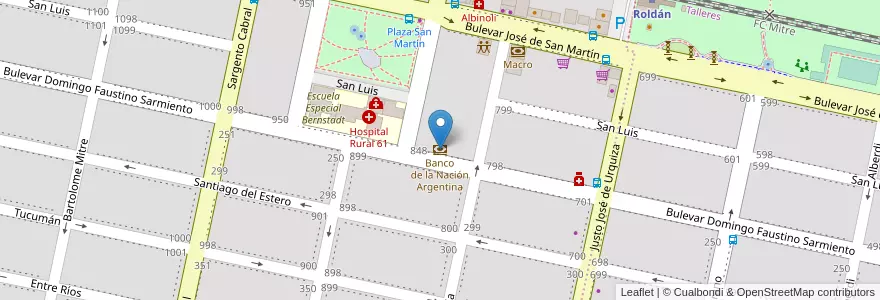 Mapa de ubicacion de Banco de la Nación Argentina en الأرجنتين, سانتا في, Departamento San Lorenzo, Municipio De Roldán, Roldán.