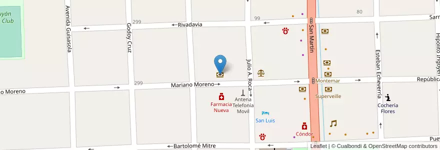 Mapa de ubicacion de Banco de la Nación Argentina en アルゼンチン, チリ, メンドーサ州, Departamento Tunuyán, Distrito Ciudad De Tunuyán.