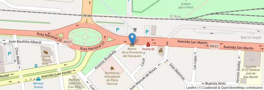 Mapa de ubicacion de Banco de la Provincia del Neuquen en アルゼンチン, チリ, ネウケン州, Departamento Confluencia, Municipio De Plaza Huincul, Plaza Huincul.