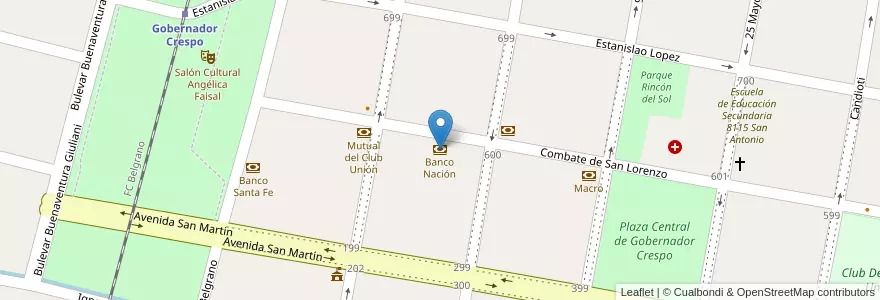 Mapa de ubicacion de Banco Nación en Arjantin, Santa Fe, Departamento San Justo, Municipio De Gobernador Crespo.