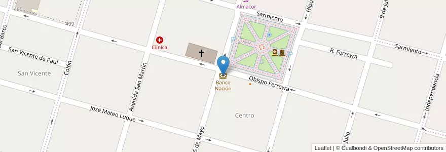 Mapa de ubicacion de Banco Nación en アルゼンチン, コルドバ州, Departamento Río Segundo, Pedanía Villa Del Rosario, Municipio De Villa Del Rosario, Villa Del Rosario.