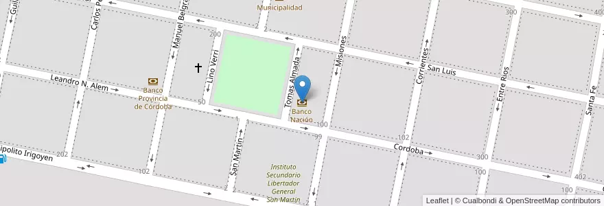 Mapa de ubicacion de Banco Nación en Arjantin, Córdoba, Departamento Juárez Celman, Pedanía Chucul, Municipio De Ucacha, Ucacha.