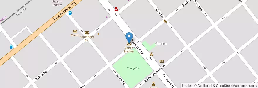 Mapa de ubicacion de Banco Nación en アルゼンチン, コルドバ州, Departamento Juárez Celman, Pedanía Carnerillo, Municipio De General Cabrera, General Cabrera.