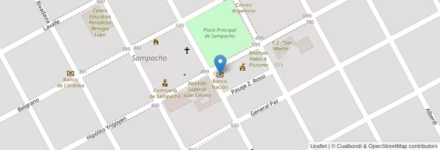 Mapa de ubicacion de Banco Nación en Arjantin, Córdoba, Departamento Río Cuarto, Pedanía Achiras, Municipio De Sampacho, Sampacho.