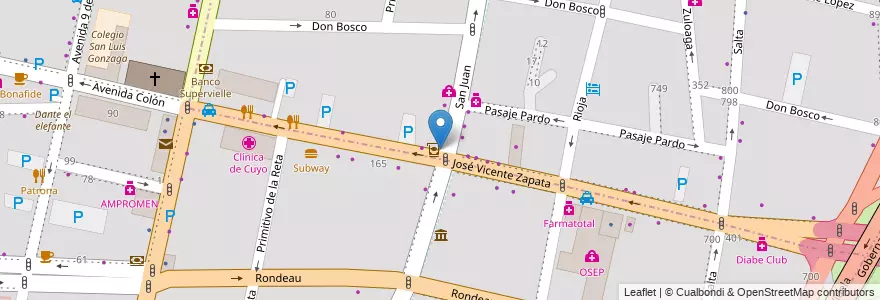 Mapa de ubicacion de Banco Nación en アルゼンチン, チリ, メンドーサ州, Departamento Capital, Sección 3ª Parque O'Higgins, Ciudad De Mendoza, Sección 2ª Barrio Cívico.