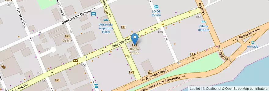 Mapa de ubicacion de Banco Nación en アルゼンチン, Departamento Ushuaia, チリ, ティエラ・デル・フエゴ州, Ushuaia.