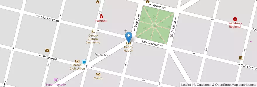 Mapa de ubicacion de Banco Nación en 아르헨티나, Santa Fe, Departamento Iriondo, Municipio De Totoras.