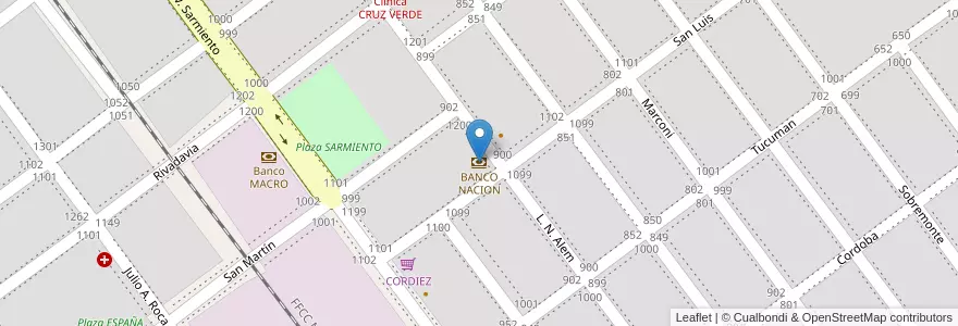 Mapa de ubicacion de BANCO NACION en الأرجنتين, Córdoba, Departamento Río Segundo, Pedanía Pilar, Municipio De Río Segundo, Río Segundo.