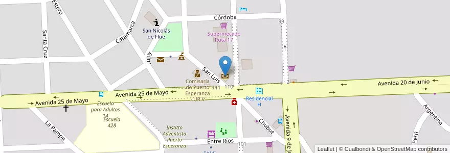 Mapa de ubicacion de Banco Nación en Arjantin, Misiones, Departamento Iguazú, Municipio De Puerto Esperanza, Puerto Esperanza.