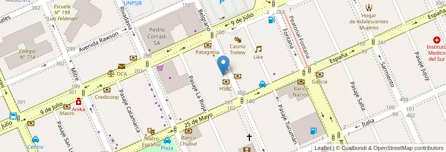 Mapa de ubicacion de Banco Prov. del Chubut en Argentina, Chubut, Trelew, Departamento Rawson.