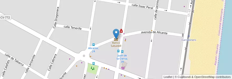 Mapa de ubicacion de Banco Sabadell en Spanje, Valencia, Alicante, L'Alacantí.