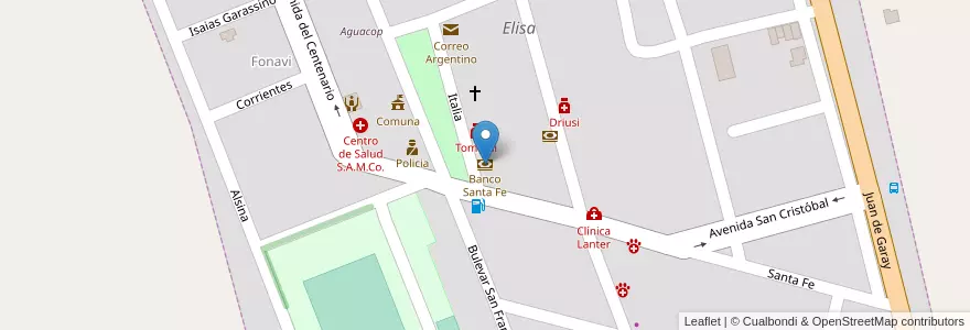 Mapa de ubicacion de Banco Santa Fe en Arjantin, Santa Fe, Departamento Las Colonias, Municipio De Elisa, Elisa.
