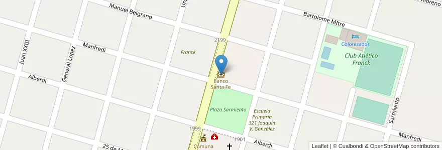 Mapa de ubicacion de Banco Santa Fe en アルゼンチン, サンタフェ州, Departamento Las Colonias, Municipio De Franck, Franck.