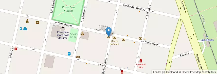 Mapa de ubicacion de Banco Santa Fe en Arjantin, Santa Fe, Departamento Belgrano, Municipio De Las Rosas.
